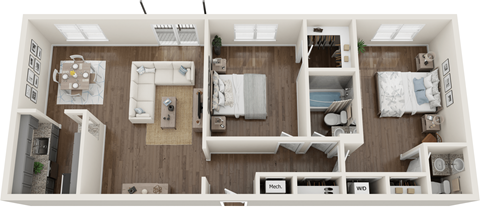 Floor plan for 2 beds, 1.5 baths, 1029 sqft
